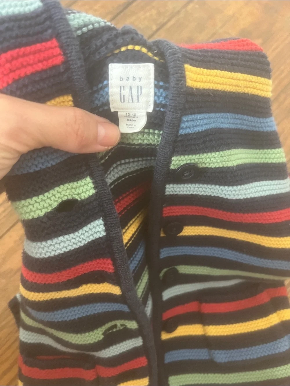 GAP Striped Hooded Knit Cardigan - Black with Red, Yellow, Blue, Green, Gray